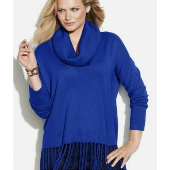 Michael Kors Sweaters - Michael Kors Womens M Royal Blue Fringe Hem Cowl Neck Sweater Cotton Blend